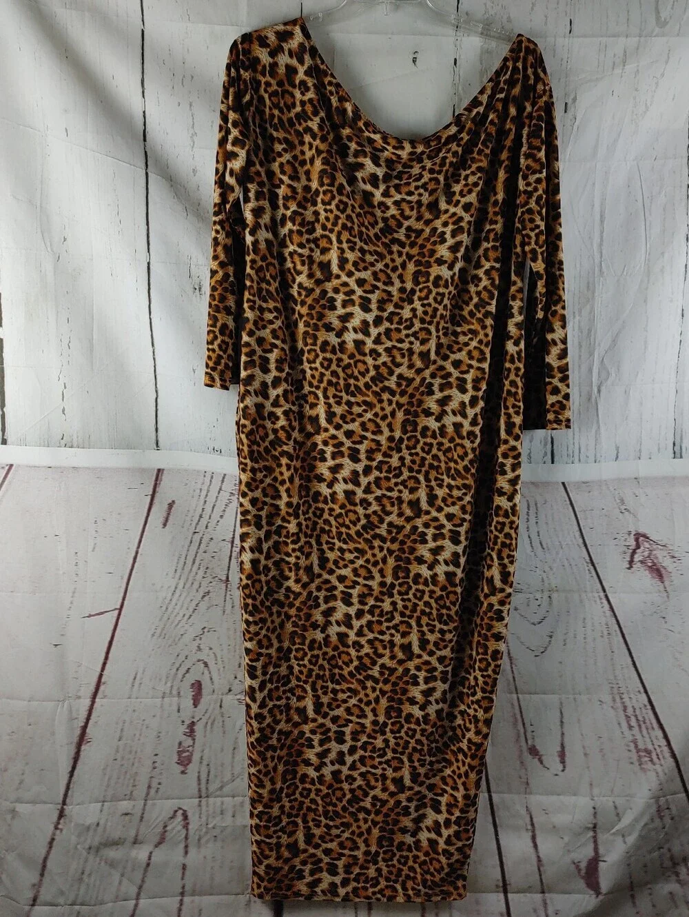 Rebdolls Womens 3X Leopard Print Bodycon Midi Dress Long Sleeve Plus Size